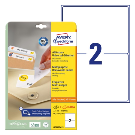 Imagine ambalaj cu coală de etichete: Avery Zweckform Etichete universale, detașabile, Articol: L4734REV-25, Format: 199,6 x 143,5 mm, Compatibilitate imprimantă: Inkjet, Laser alb-negru, Laser color, Conținut: 60 de etichete / 30 coli, 2 etichete/coală.