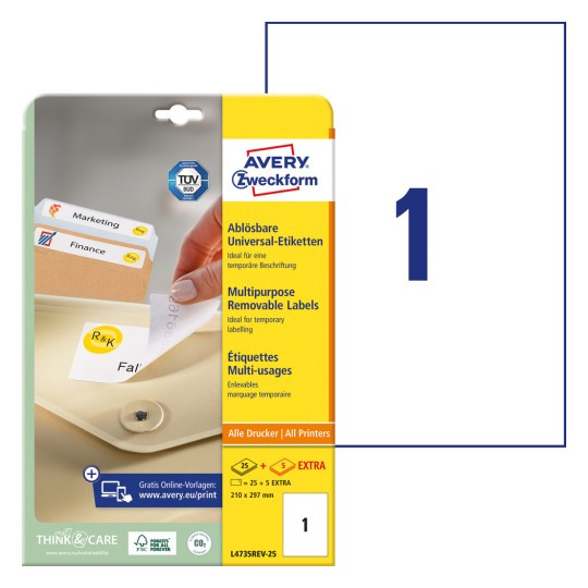 Imaginea pachetului cu foaie de etichete: Etichete universale Avery Zweckform, detașabile, Articol: L4735REV-25, Format: 210 x 297 mm, Potrivite pentru imprimante: Inkjet, Laser alb-negru, Laser color, Conținut: 30 etichete / 30 coli, 1 etichetă/coală.