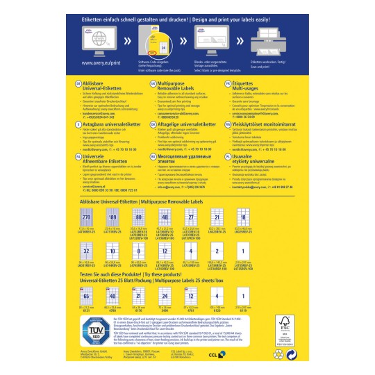 Imaginea afișează informații despre etichetele detașabile de la Avery, inclusiv descrieri în mai multe limbi, detalii despre produse și specificații pentru diferite dimensiuni și tipuri de etichete.