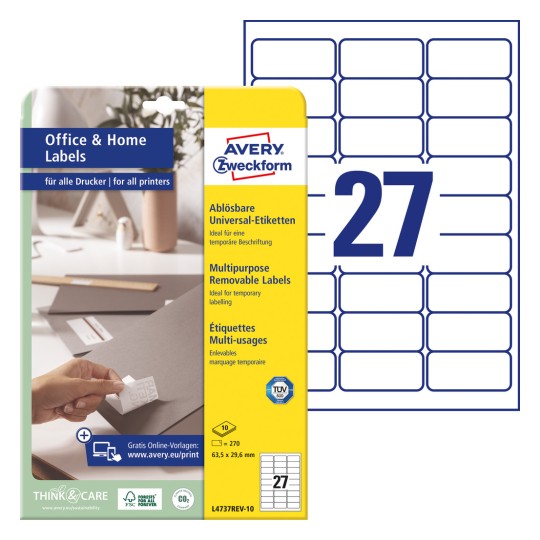 Imagine pachet cu grilă de etichete: Etichete Avery Zweckform, desprinzătoare, Home Office, Pachet mic, Articol: L4737REV-10, Format: 63,5 x 29,6 mm, Compatibilitate imprimantă: Inkjet, Laser alb-negru, Laser color, Conținut: 270 de etichete / 10 foi, 27 etichete/foaie.