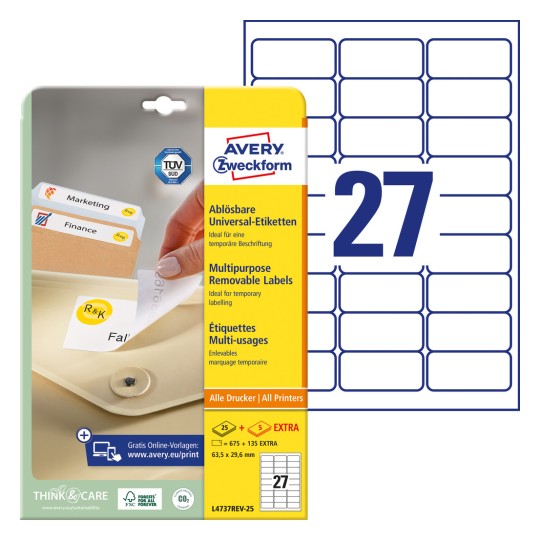 Ilustrație de ambalaj cu foaie de etichete: Avery Zweckform Etichete universale, detașabile, Articol: L4737REV-25, Format: 63,5 x 29,6 mm, Potrivit pentru imprimantă: Inkjet, Laser alb-negru, Laser color, Conținut: 810 etichete / 30 de foi, 27 etichete/foaie.
