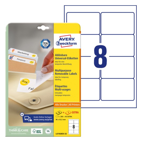 Imagine de ambalaj cu foaie de etichete: Avery Zweckform Etichete universale, detașabile, Articol: L4745REV-25, Format: 96 x 63,5 mm, Tipărire: Inkjet, Laser alb-negru, Laser color, Conținut: 240 etichete / 30 foi, 8 etichete/foaie.