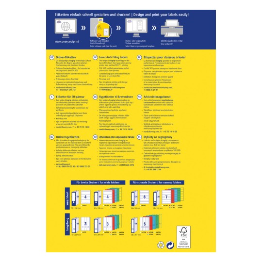 Imaginea conține informații despre soluțiile de imprimare a etichetelor de la Avery. Aceasta include instrucțiuni, specificații ale produsului și recomandări de design în mai multe limbi. Sunt enumerate diverse formate de etichete pentru dosare, precum și sfaturi pentru imprimarea și stocarea optimă.