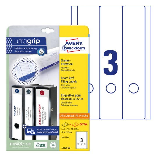 Imagine pachet cu foi de etichete: Etichete pentru dosare Avery Zweckform, Articol: L4759-25, Format: 61 x 297 mm, Compatibilitate imprimantă: Inkjet, Laser alb-negru, Laser color, Conținut: 90 etichete / 30 foi, 3 etichete/foaie?