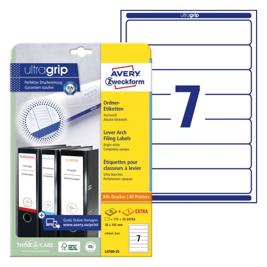 Imagine pachet cu foaie de etichete: Avery Zweckform Etichete pentru dosare, Articol: L4760-25, Format: 38 x 192 mm, Compatibilitate cu imprimante: Inkjet, laser monocrom, laser color, Conținut: 210 etichete / 30 de foi, 7 etichete/foaie.