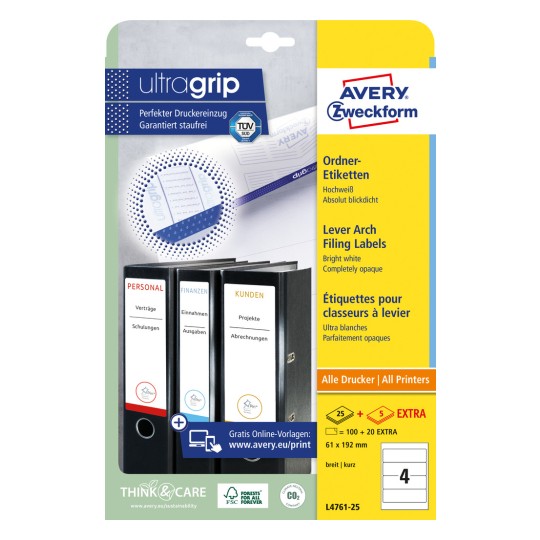 Ilustrație de ambalaj: Etichete pentru dosare Avery Zweckform, Articol: L4761-25, Format: 61 x 192 mm, Compatibilitate imprimantă: Inkjet, Laser alb-negru, Laser color, Conținut: 120 etichete / 30 coli, 4 etichete/coală.