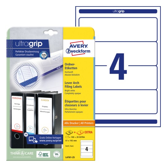 Imagine cu etichete pe coală: Etichete pentru dosare Avery Zweckform, Articol: L4761-25, Format: 61 x 192 mm, Compatibilitate imprimantă: Inkjet, Laser alb-negru, Laser color, Conținut: 120 etichete / 30 coli, 4 etichete/coală.