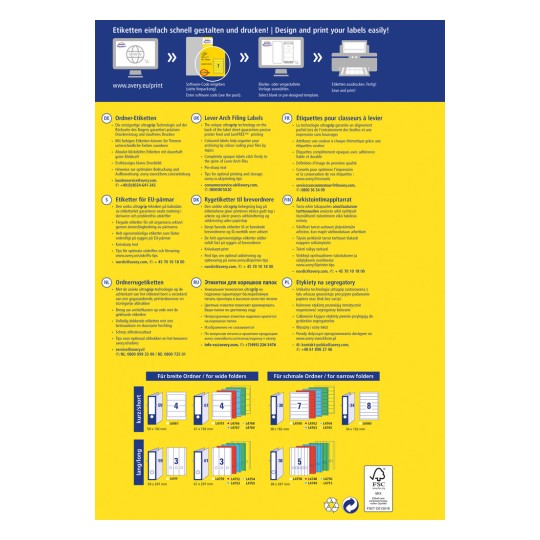 Imaginea conține informații despre soluțiile de tipărire a etichetelor, inclusiv diverse opțiuni de etichete și șabloane pentru dimensiuni diferite de dosare. Include sfaturi pentru tipărirea și stocarea optimă în mai multe limbi, împreună cu informații de contact.