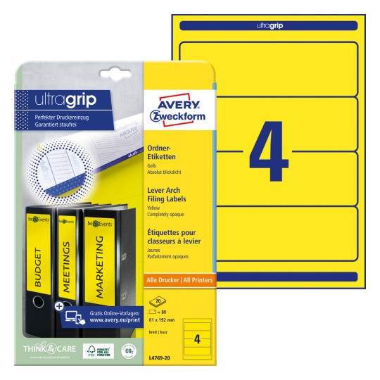 Imagine pachet cu logo: Avery Zweckform Etichete pentru dosare, Articol: L4769-20, Format: 61 x 192 mm, Compatibilitate tipărire: Inkjet, Laser alb-negru, Laser color, Conținut: 80 etichete / 20 foi, 4 etichete/foaie.