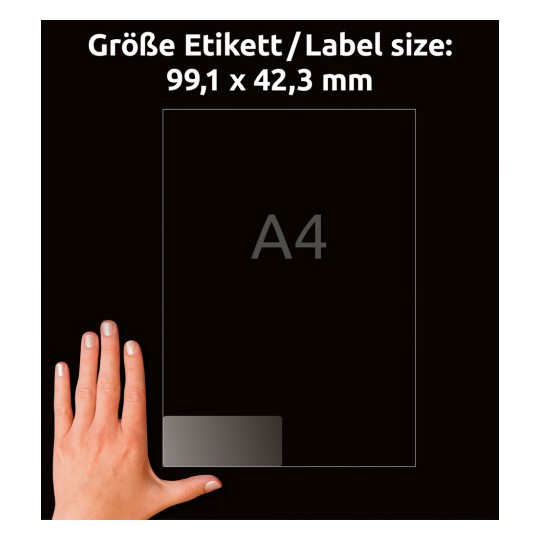 Compararea dimensiunilor cu mâna, Articol: L4772-25, o foaie cu etichete de adrese, Format: 99,1 x 42,3 mm, Culoare: Transparent?