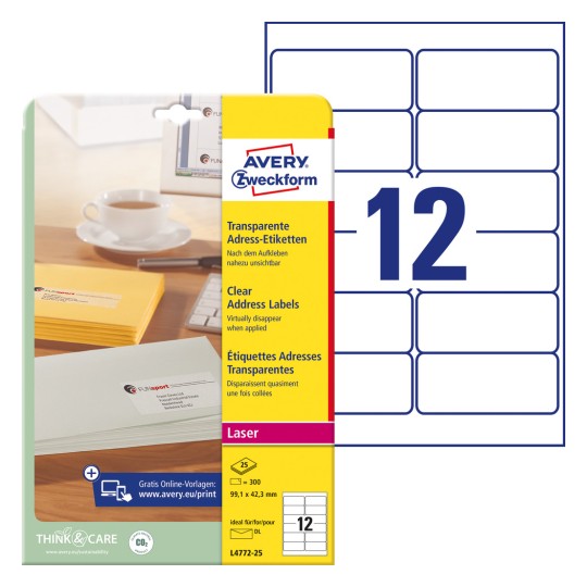 Imagine pachet cu foaie de etichete: Avery Zweckform Etichete de adrese, Articol: L4772-25, Format: 99,1 x 42,3 mm, Potrivit pentru imprimante: Laser alb-negru, Laser color, Conținut: 300 etichete / 25 foi, 12 etichete/foaie?