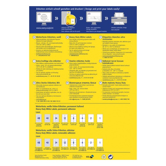Imaginea afișează diverse etichete de la Avery, detaliind specificații, sfaturi de utilizare și diferite tipuri de etichete, toate prezentate în mai multe limbi.