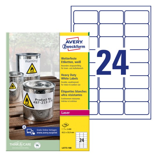 Imagine cu etichetă: Avery Zweckform Etichete din folie rezistente la intemperii, Articol: L4773-100, Format: 63,5 x 33,9 mm, Potrivit pentru imprimare: Laser alb-negru, Laser color, Conținut: 2.400 etichete / 100 coli, 24 etichete/coală.