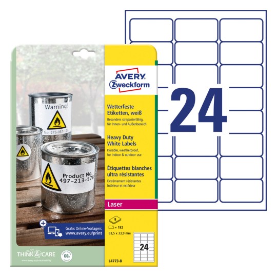 Imagine de ambalaj cu foaie de etichete: Avery Zweckform Etichete din folie rezistentă la intemperii, Articol: L4773-8, Format: 63,5 x 33,9 mm, Adecvat pentru imprimantă: Laser b/w, Laser color, Conținut: 192 etichete / 8 foi, 24 etichete/foaie