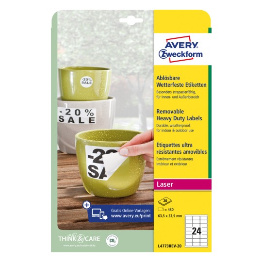 Imagine pachet: Avery Zweckform etichete de folie rezistentă la intemperii, detașabile, articol: L4773REV-20, format: 63,5 x 33,9 mm, compatibilitate imprimare: laser alb-negru, laser color, conținut: 480 etichete / 20 coli, 24 etichete/coală.