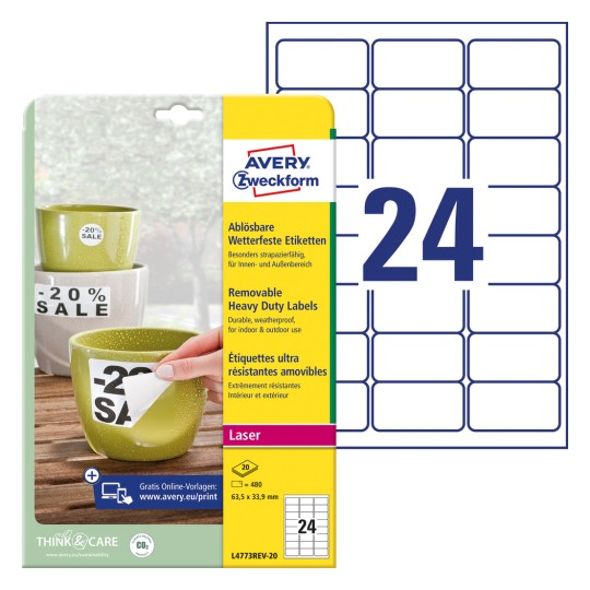 Imagine de ambalaj cu set de etichete: Avery Zweckform Etichete rezistente la intemperii, detașabile, Articol: L4773REV-20, Format: 63,5 x 33,9 mm, Potrivit pentru imprimante: Laser alb-negru, Laser color, Conținut: 480 etichete / 20 coli, 24 etichete/coală.