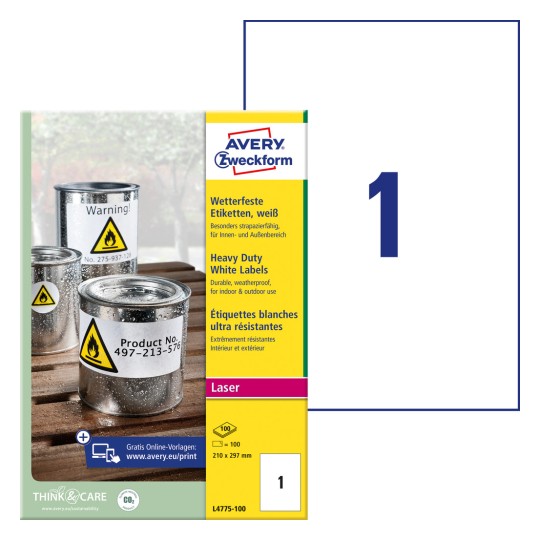 Imagine pachet cu foaie de etichete: Avery Zweckform Etichete din folie rezistente la intemperii, Articol: L4775-100, Format: 210 x 297 mm, Potrivite pentru imprimante: Laser alb-negru, laser color, Conținut: 100 etichete / 100 foi, 1 etichetă/foaie.