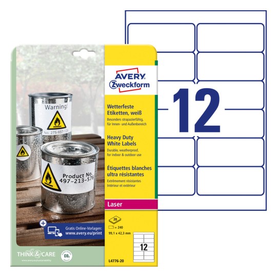 Imagine pachet cu foaie de etichete: Avery Zweckform Etichete adezive rezistente la intemperii, Articol: L4776-20, Format: 99,1 x 42,3 mm, Potrivit pentru imprimantă: Laser alb-negru, laser color, Conținut: 240 etichete / 20 foi, 12 etichete/foaie.