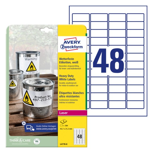 Imaginea ambalajului cu foaie de etichete: Avery Zweckform Etichete rezistente la intemperii, Articol: L4778-8, Format: 45,7 x 21,2 mm, Potrivit pentru imprimante: Laser alb-negru, Laser color, Conținut: 384 etichete / 8 foi, 48 etichete/foaie.