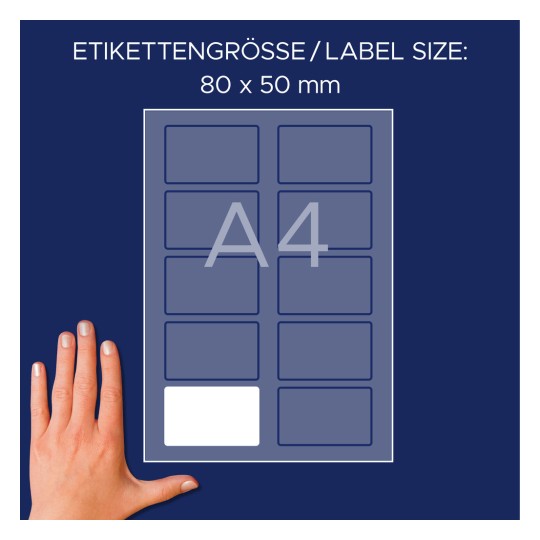 Imaginea afișează un șablon de etichete cu dimensiuni de etichetă de 80 x 50 mm și un indicator A4. O mână este prezentată pentru referință de dimensiune.