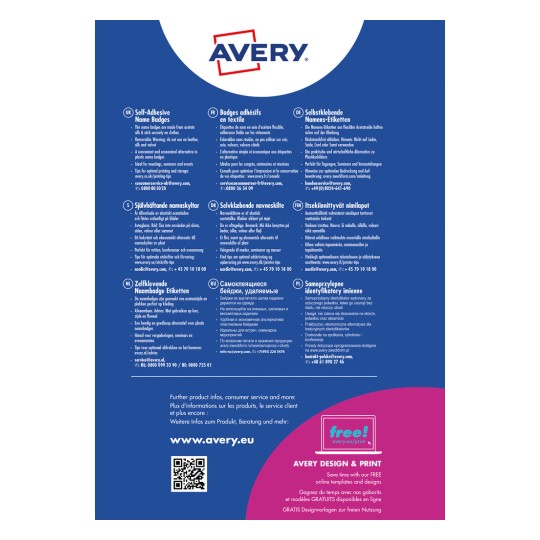 Imaginea conține informații despre ecusoanele autocolante de la Avery, evidențiind caracteristicile lor, instrucțiunile de utilizare și suportul multilingv. Include detalii de contact pentru serviciul clienți și linkuri către resurse online de design.
