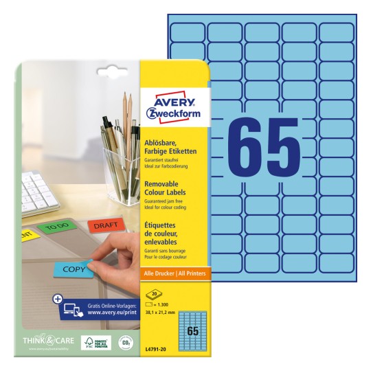 Imaginea pachetului cu foaie de etichete: Avery Zweckform Etichete colorate, detașabile, Articol: L4791-20, Format: 38,1 x 21,2 mm, Compatibil imprimare: Inkjet, Laser monocrom, Laser color, Conținut: 1.300 etichete / 20 foi, 65 etichete/foaie.