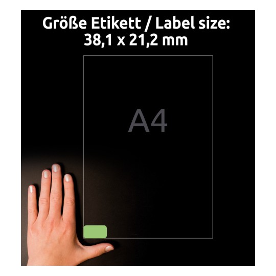 Comparație de mărime cu mâna, Articol: L4792-20, o coală de etichete colorate, detașabile, format: 38,1 x 21,2 mm, culoare: Verde?