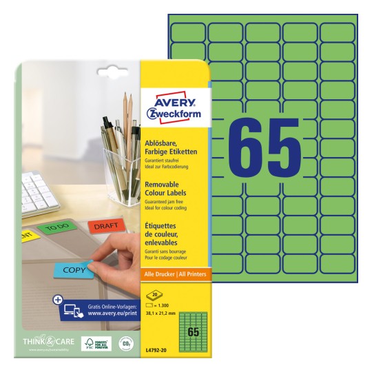 Imaginea pachetului cu coală de etichete: etichete colorate Avery Zweckform, detașabile, articol: L4792-20, format: 38,1 x 21,2 mm, compatibilitate cu imprimante: Inkjet, laser alb-negru, laser color, conținut: 1.300 etichete / 20 coli, 65 etichete/coală.
