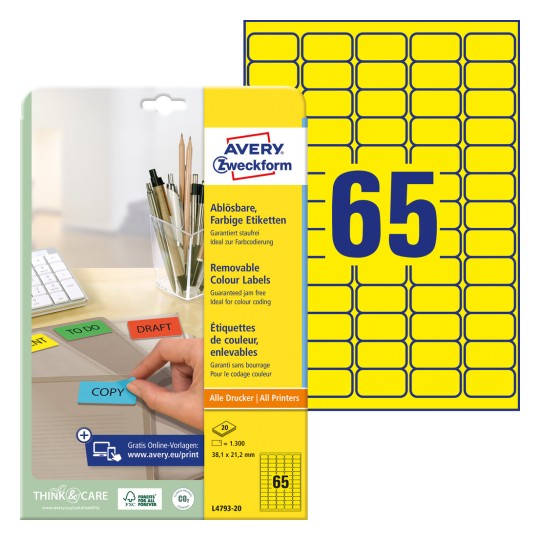 Imagine ambalaj cu foaie de etichete: Avery Zweckform Etichete colorate, detașabile, articol: L4793-20, format: 38,1 x 21,2 mm, compatibilitate pentru imprimantă: Inkjet, laser alb-negru, laser color, conținut: 1.300 de etichete / 20 foi, 65 etichete/foaie.