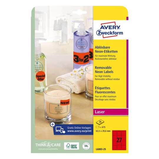 Imaginea ambalajului: Etichete neon Avery Zweckform, Articol: L6003-25, Format: 63,5 x 29,6 mm, Compatibilitate imprimantă: Laser alb-negru, Laser color, Conținut: 675 etichete / 25 coli, 27 etichete/coală.