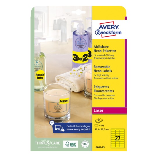 Imaginea ambalajului: Etichete neon Avery Zweckform, Articol: L6004-25, Format: 63,5 x 29,6 mm, Compatibilitate imprimantă: Laser alb-negru, laser color, Conținut: 675 etichete / 25 coli, 27 etichete/coală.