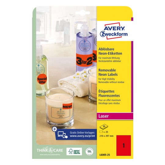 Imagine pachet: Etichete neon Avery Zweckform, Articol: L6005-25, Dimensiune: 210 x 297 mm, Potrivite pentru imprimante: laser alb-negru, laser color, Conținut: 25 etichete / 25 coli, 1 etichetă/coală?