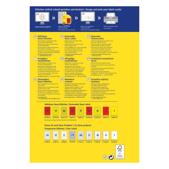 Un grafic informativ despre etichetele de neon detașabile, care expune diverse dimensiuni ale etichetelor și oferă instrucțiuni pentru design și imprimare. Graficul include secțiuni multilingve, detalii despre produs și informații de contact.