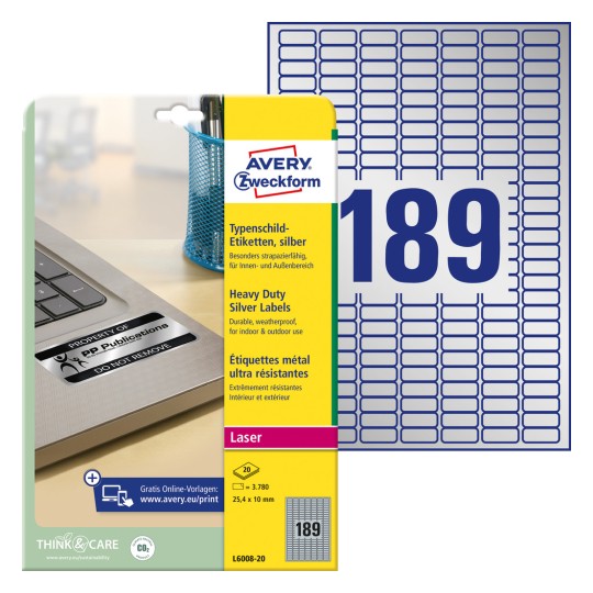 Imagine pachet cu coli de etichete: Etichete cu plăcuțe de tip Avery Zweckform, Articol: L6008-20, Format: 25,4 x 10 mm, Compatibilitate imprimantă: Laser alb-negru, Conținut: 3.780 etichete / 20 coli, 189 etichete/col.