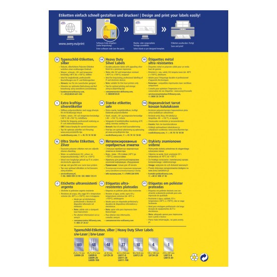 Un grafic informativ care afișează diferite tipuri de etichete argintii de mare rezistență de la Avery, cu descrieri în diferite limbi ale specificațiilor etichetelor, instrucțiuni de utilizare și informații pentru suportul clienților. Layout-ul include dimensiunile produsului și potrivirea pentru diverse aplicații.