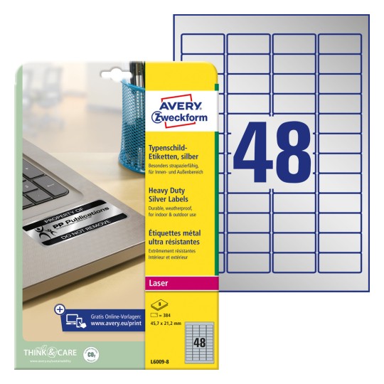 Imagine pachet cu foi de etichete: Etichete de tip placă Avery Zweckform, Articol: L6009-8, Format: 45,7 x 21,2 mm, Potrivire pentru imprimantă: Laser alb-negru, Conținut: 384 etichete / 8 foi, 48 etichete/foaie.
