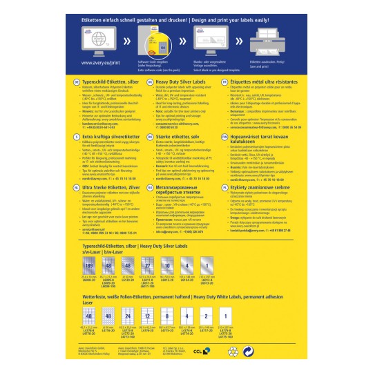 Imaginea este un grafic informativ despre produsele de etichete Avery de culoare argintie și albă, cu rezistență ridicată, detaliind dimensiunile, aplicațiile și instrucțiunile de imprimare în mai multe limbi.