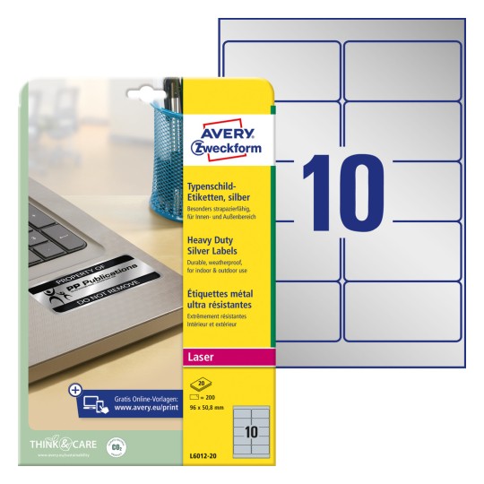 Imagine pachetului cu coale de etichete: Etichete cu plăcuță de identificare Avery Zweckform, Articol: L6012-20, Format: 96 x 50,8 mm, Potrivire pentru imprimantă: Laser alb-negru, Conținut: 200 etichete / 20 coli, 10 etichete/coală.