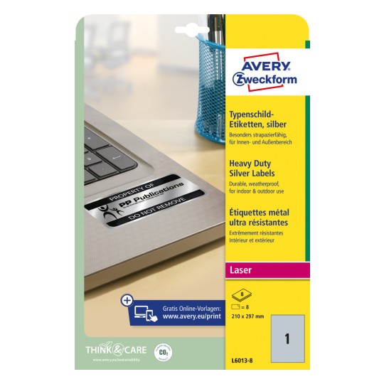 Imaginea ambalajului: Etichete pentru plăcuțe de identificare argintii Avery Zweckform, Articol: L6013-8, Format: 210 x 297 mm, Adecvate pentru imprimare: laser alb-negru, Conținut: 8 etichete / 8 foi, 1 etichetă/foaie.