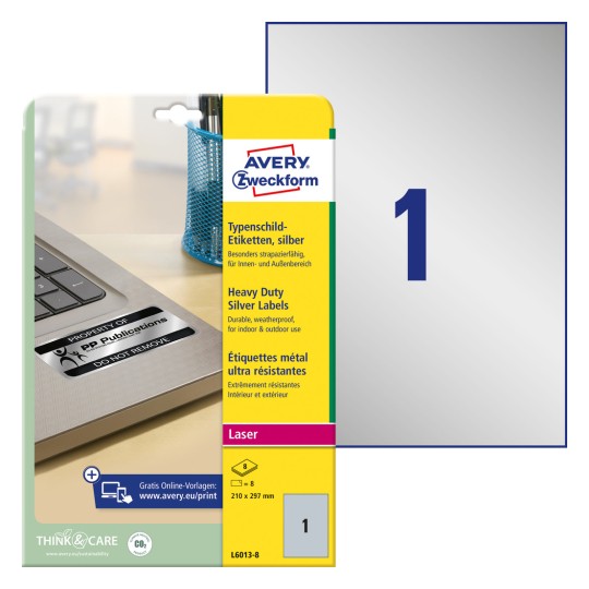 Imagine ambalajului cu foaie de etichete: Etichete pentru plăcuțe de identificare Avery Zweckform, Articol: L6013-8, Format: 210 x 297 mm, Compatibilitate imprimantă: Laser alb-negru, Conținut: 8 etichete / 8 foi, 1 etichetă/foaie.