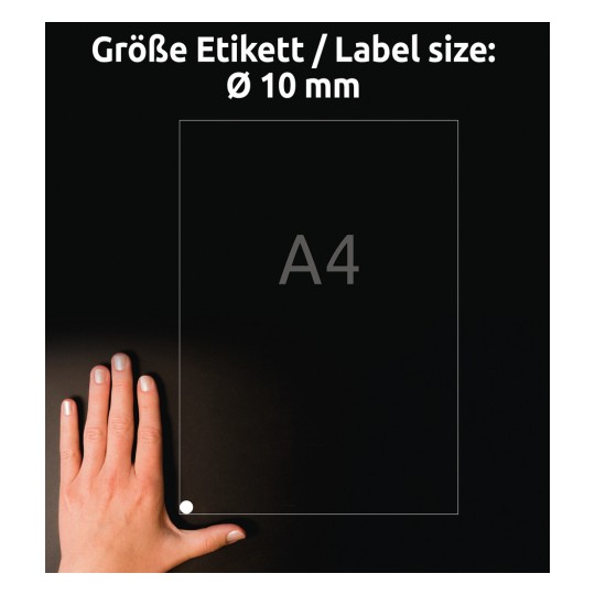 Comparare la dimensiune cu mâna, Articol: L6019REV-25, o coală de etichete rotunde, detașabile, format: ⌀ 10 mm, culoare: alb?