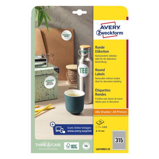 Imagine pachet: Avery Zweckform Etichete Rotunde, Articol: L6019REV-25, Format: ⌀ 10 mm, Compatibilitate imprimantă: Inkjet, Laser alb-negru, Laser color, Conținut: 7.875 etichete / 25 coli, 315 etichete/coală.