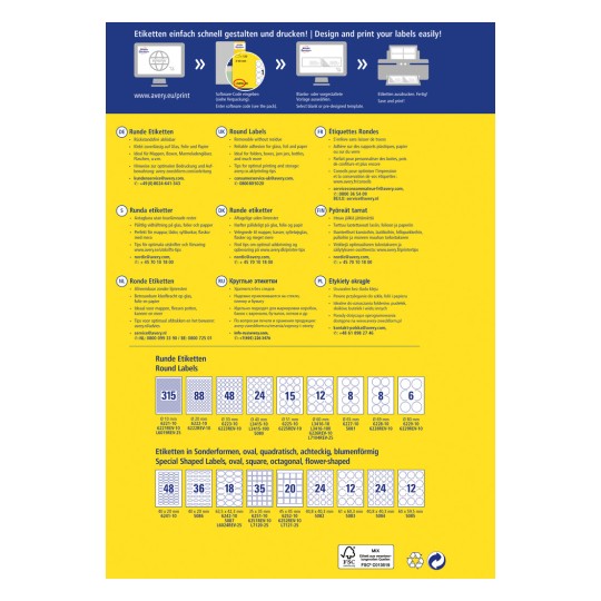 Imaginea afișează informații despre proiectarea și imprimarea etichetelor, inclusiv diverse tipuri de etichete rotunde și dimensiuni, cu instrucțiuni în mai multe limbi.