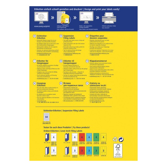 Imaginea conține instrucțiuni pentru proiectarea și printarea etichetelor de dosar suspendat. Ea include diverse limbi și descrie pașii și sfaturile pentru utilizarea optimă, împreună cu imagini ale tipurilor de etichete și măsurătorile acestora.