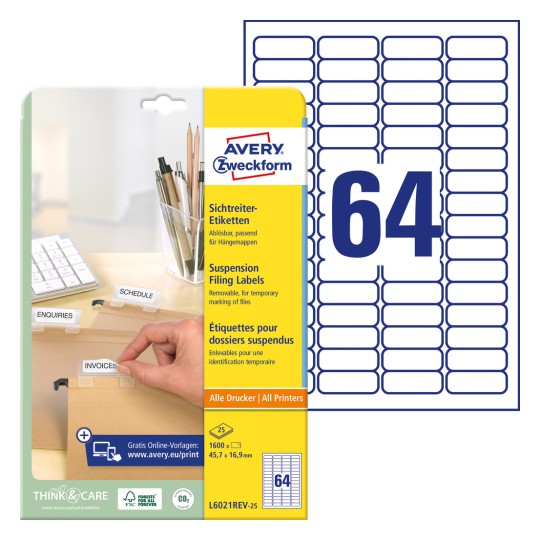 Imaginea pachetului cu foaie de etichete: Etichete pentru borne de indexare Avery Zweckform, Articol: L6021REV-25, Dimensiune: 45,7 x 16,9 mm, Potrivire pentru imprimare: Inkjet, Laser b/n, Laser color, Conținut: 1.600 etichete / 25 foi, 64 etichete/foaie.