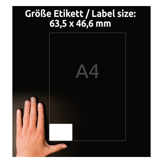 Comparație de dimensiuni cu mâna, articol: L6025REV-25, o foaie de etichete universale, detașabile, format: 63,5 x 46,6 mm, culoare: alb?