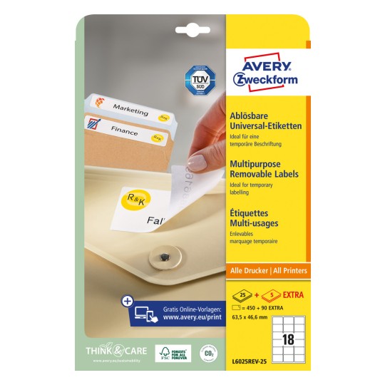 Imagine ambalaj: Avery Zweckform Etichete Universale, detașabile, Articol: L6025REV-25, Format: 63,5 x 46,6 mm, Compatibilitate tipărire: Inkjet, Laser s/w, Laser color, Conținut: 540 etichete / 30 coli, 18 etichete/colă.