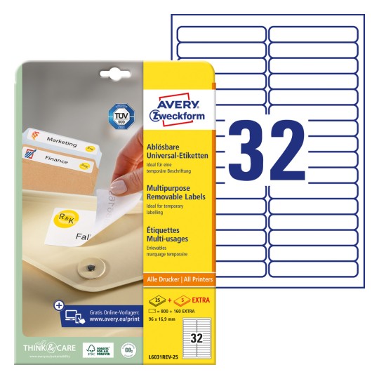 Imagine ambalaj cu foaie de etichete: Avery Zweckform Etichete universale, detașabile, articol: L6031REV-25, format: 96 x 16,9 mm, compatibilitate pentru imprimantă: Inkjet, Laser alb-negru, Laser color, conținut: 960 etichete / 30 coli, 32 etichete/coală.