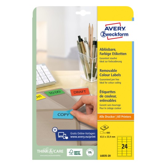 Imaginea ambalajului: Etichete de organizare colorate Avery Zweckform, detașabile, Articol: L6035-20, Format: 63,5 x 33,9 mm, Compatibilitate imprimantă: Inkjet, Laser alb-negru, Laser color, Conținut: 480 etichete / 20 coli, 24 etichete/coală.