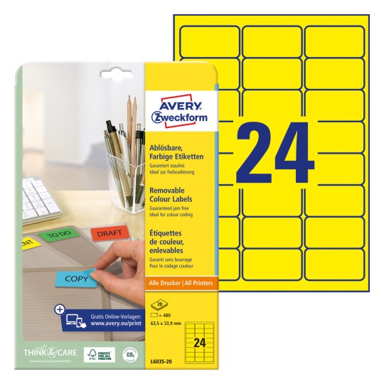 Imagine pachet cu foaie de etichete: Avery Zweckform Etichete colorate, detașabile, Articol: L6035-20, Dimensiune: 63,5 x 33,9 mm, Potrivit pentru imprimante: Inkjet, Laser alb-negru, Laser color, Conținut: 480 etichete / 20 coli, 24 etichete/coală.